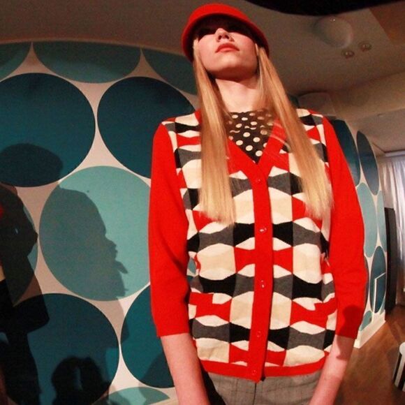 Kate Spade Red Abstract/Geometric Cardigan Wool/Cashmere 3/4 Sleeves | SZ XXS - Picture 1 of 9